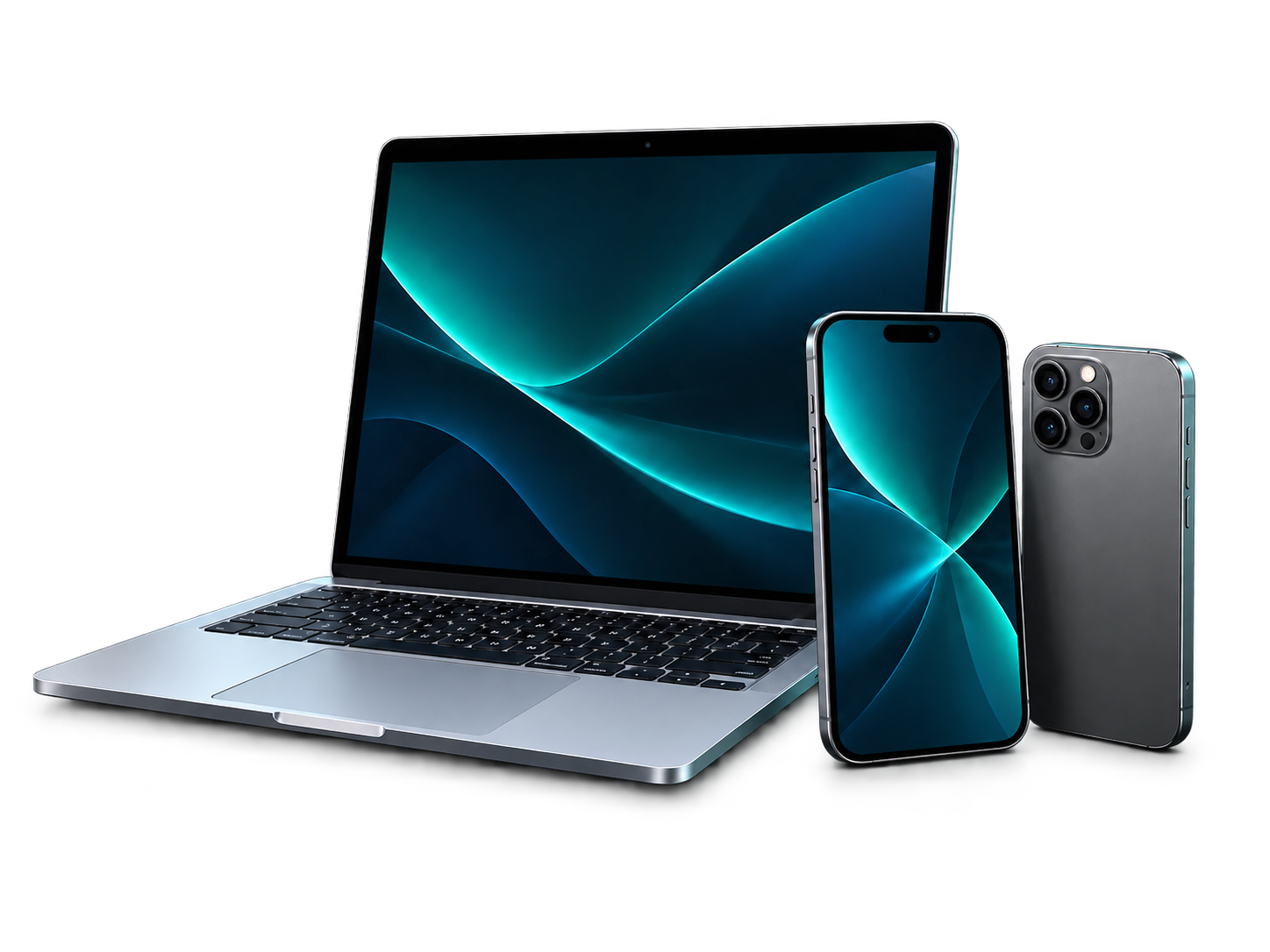 Silberner Laptop und Smartphones von vorne und hinten